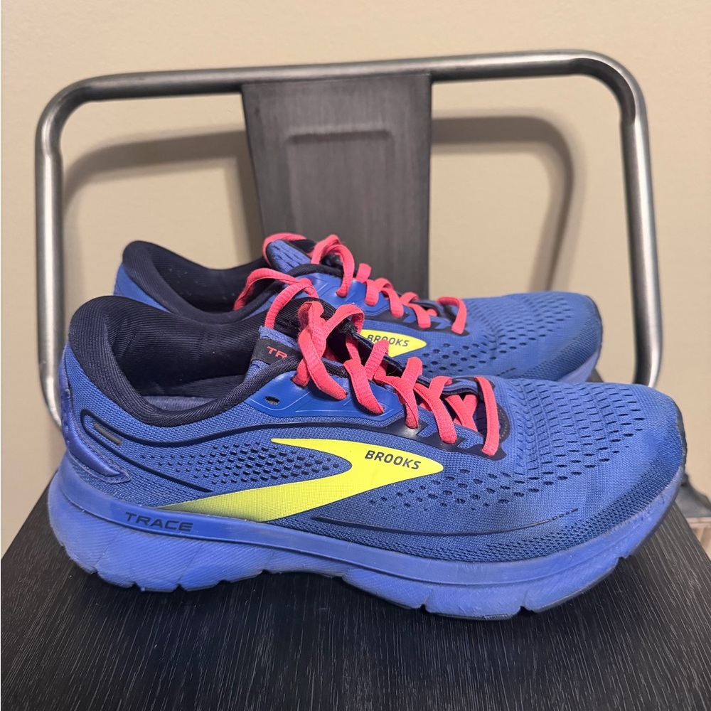 Brooks Women's Blue Running Shoes with Pink Laces and Yellow Accents
